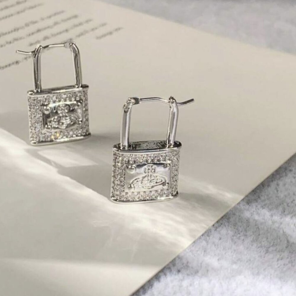 Vivienne Westwood Vintage Silver Lock Earrings with Crystal Accents - Picture 3 of 5